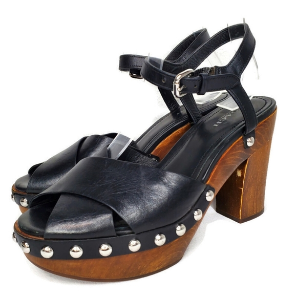 COACH Viola Black Leather Studded Wooden Platform Ankle Strap Heels